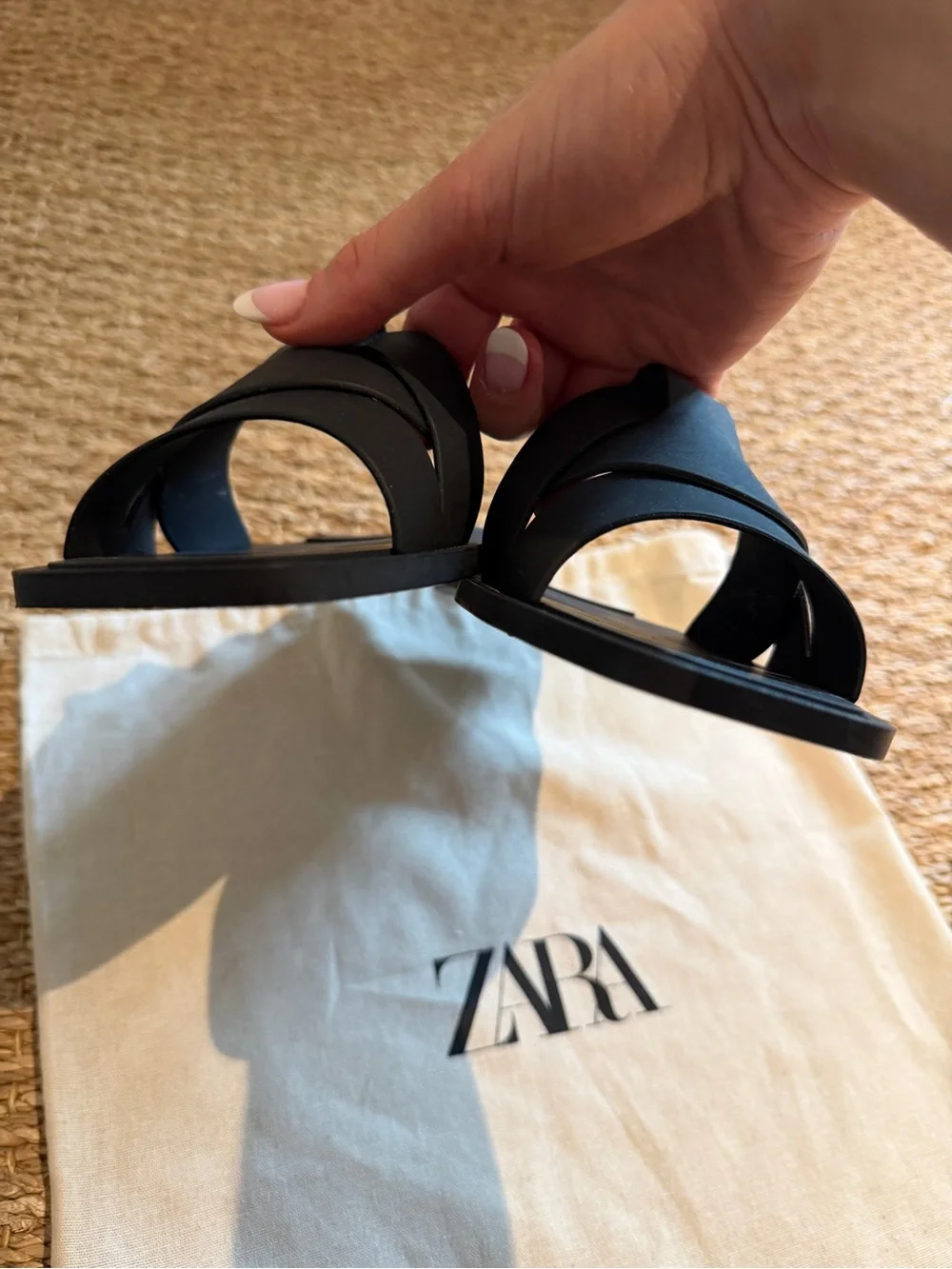 Zara Matte Black Rubberized Crossover Sandals Size 38 - Picture 8 of 14